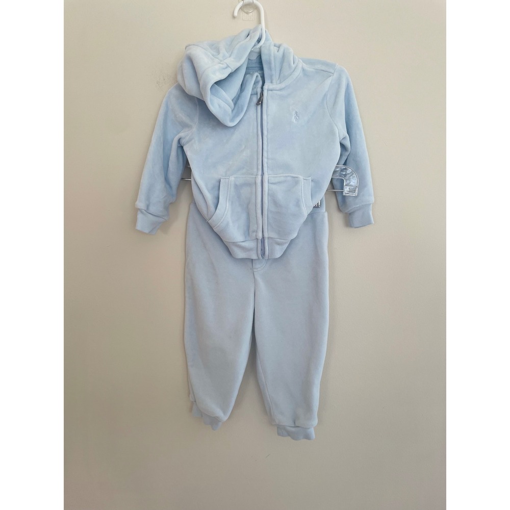 Ralph Lauren Baby Boy Light Blue Velour Hoodie and Jogger Tracksuit Set 12M